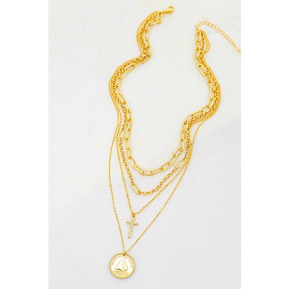NEW 4 Layered Link Chain Sparkly Rhinestone Cross & Coin Pendant Gold Necklace - Picture 7 of 8
